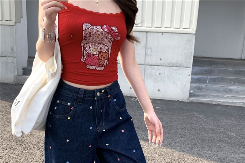 Waist Wide Floral Jeans Leg High Embroidered