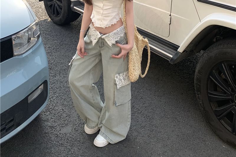 Rise Low Crop Lace Leg Button-Up Trim Jeans Cargo Wide Top / Camisole Washed Panel