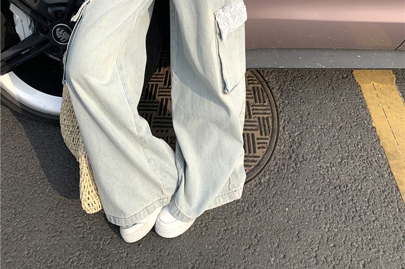 Rise Low Crop Lace Leg Button-Up Trim Jeans Cargo Wide Top / Camisole Washed Panel