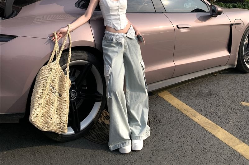 Rise Low Crop Lace Leg Button-Up Trim Jeans Cargo Wide Top / Camisole Washed Panel