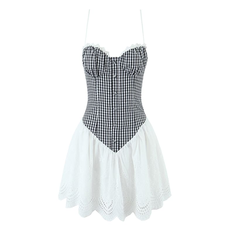 Plaid Panel Mini A-Line Corset Dress with Thin Straps