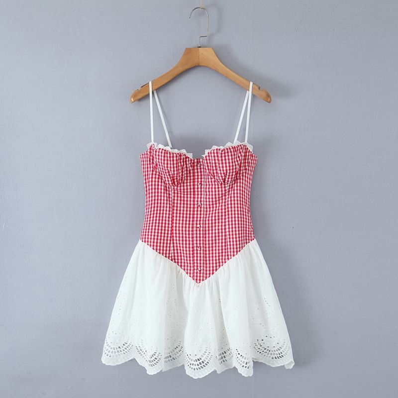 Plaid Panel Mini A-Line Corset Dress with Thin Straps