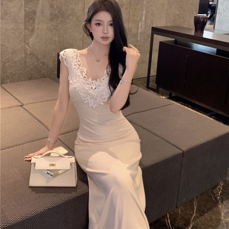 Panel Lace Mermaid Dress Maxi Sleeveless V-Neck