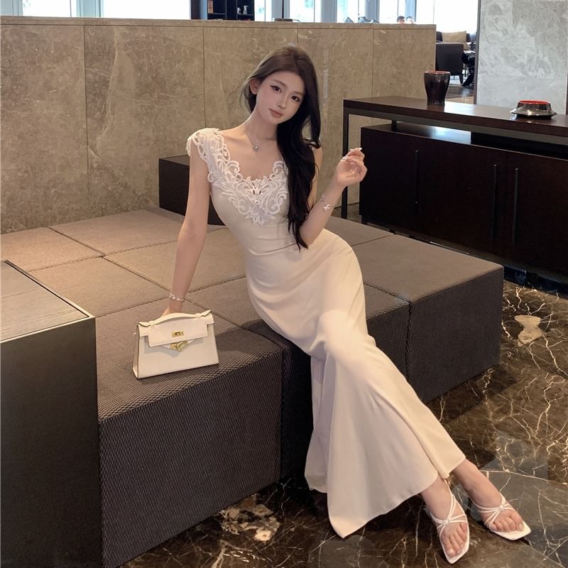 Panel Lace Mermaid Dress Maxi Sleeveless V-Neck