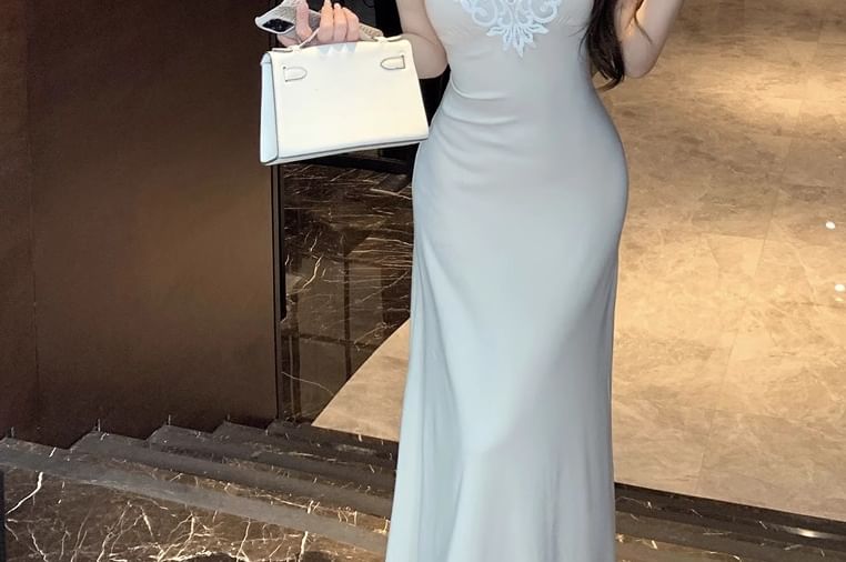 Panel Lace Mermaid Dress Maxi Sleeveless V-Neck