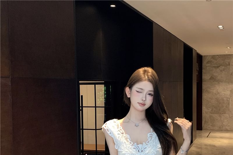 Panel Lace Mermaid Dress Maxi Sleeveless V-Neck