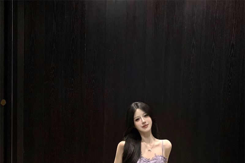 Ruffle Plain Lace Strap Slit Ruched Maxi A-Line Panel Spaghetti Dress