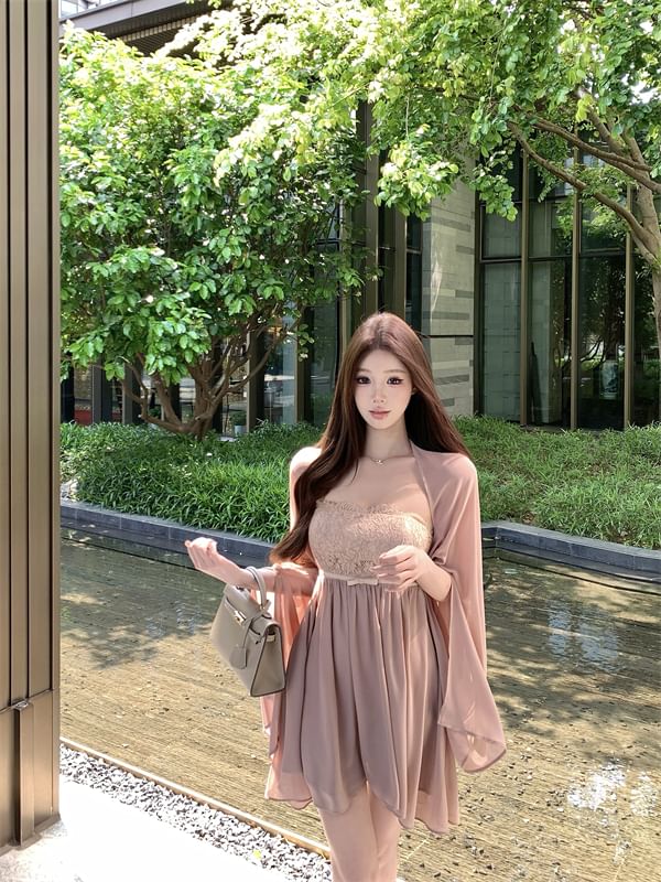 / Strapless Shawl Plain Dress Accent Lace Panel Mini Bow A-Line