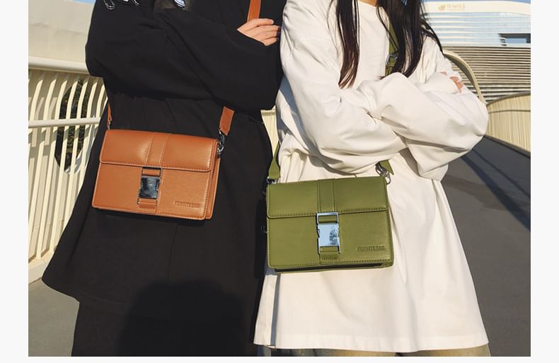 Plain Leather Bag Flap Buckled Crossbody Faux