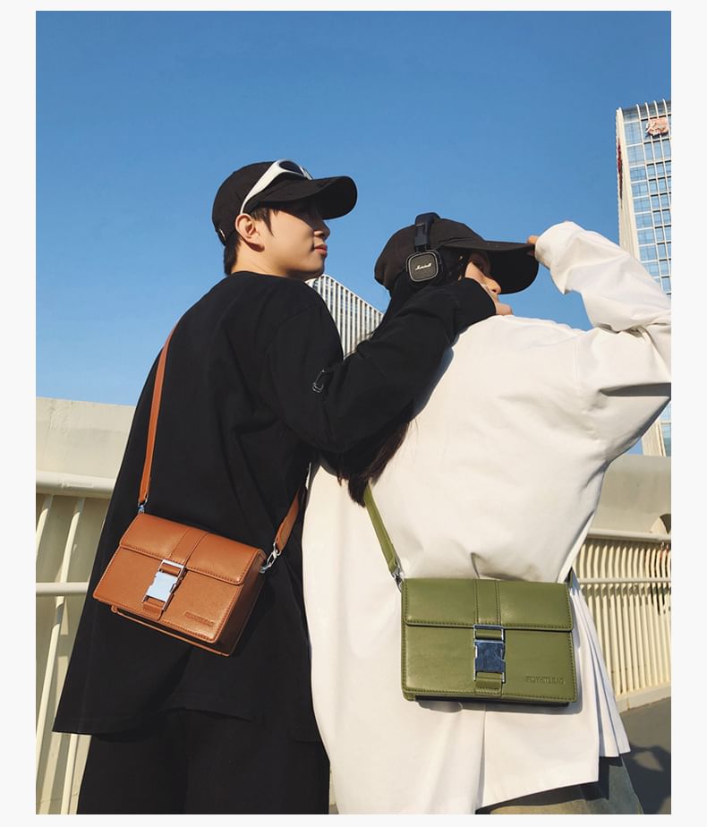 Plain Leather Bag Flap Buckled Crossbody Faux