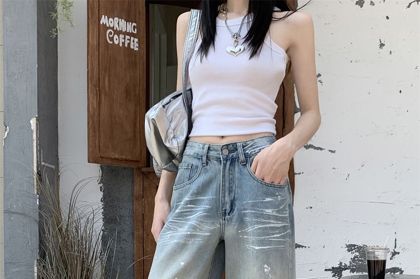 Jeans High Waist Wide Ripped Washed Leg