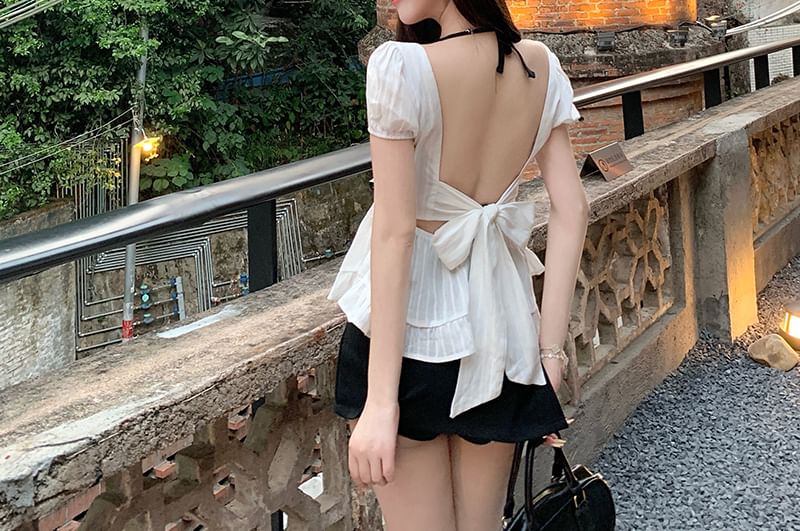 Peplum Puff-Sleeve Plain Back Open Halter Bow Top / Blouse