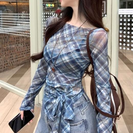 Long-Sleeve Plaid Boat Asymmetrical T-Shirt Sheer Neck