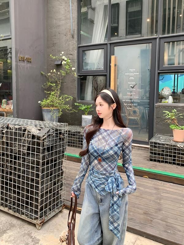 Long-Sleeve Plaid Boat Asymmetrical T-Shirt Sheer Neck