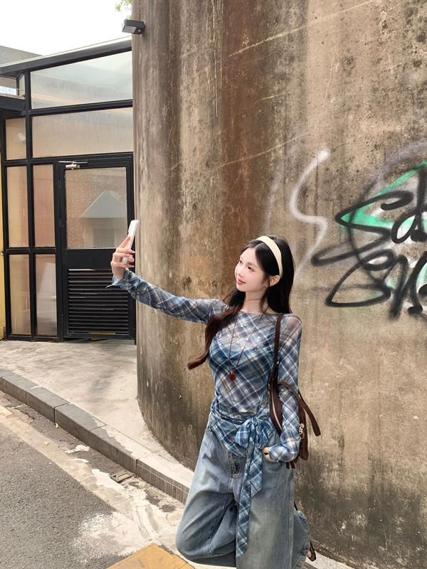 Long-Sleeve Plaid Boat Asymmetrical T-Shirt Sheer Neck