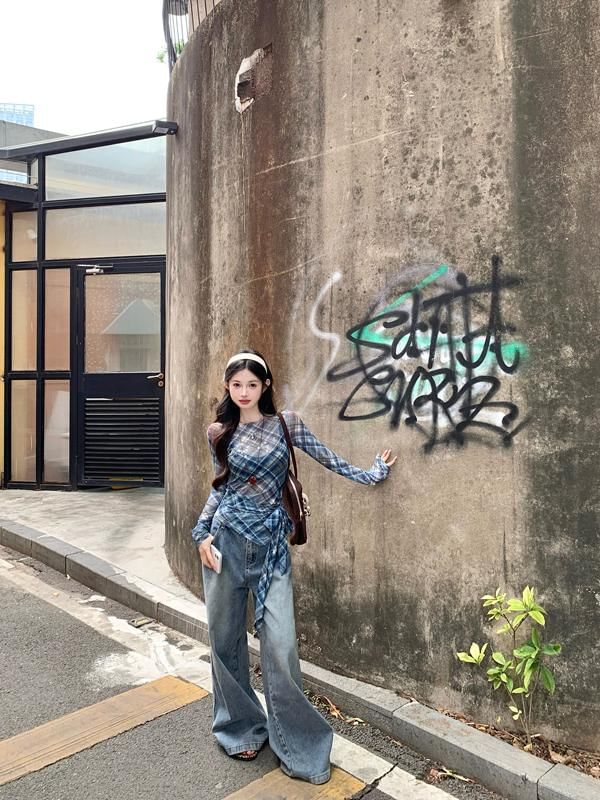 Long-Sleeve Plaid Boat Asymmetrical T-Shirt Sheer Neck