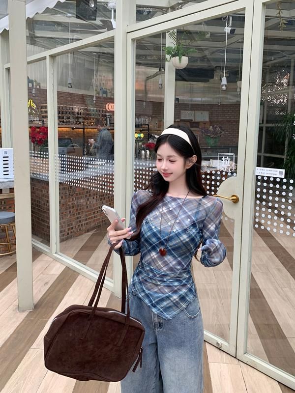 Long-Sleeve Plaid Boat Asymmetrical T-Shirt Sheer Neck