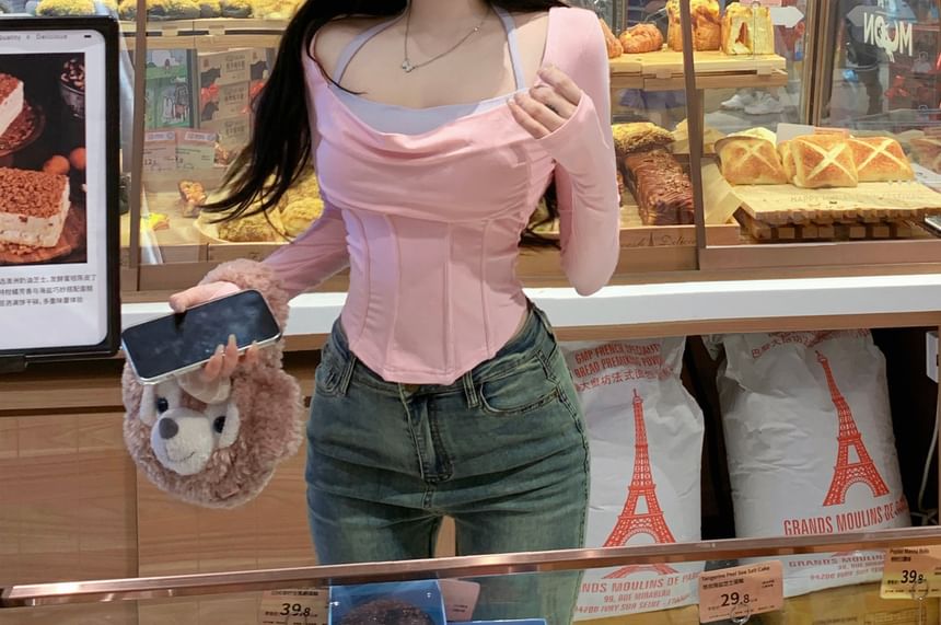 Long-Sleeve Asymmetrical Fit Mock Tee Two Slim Tone Two-Piece