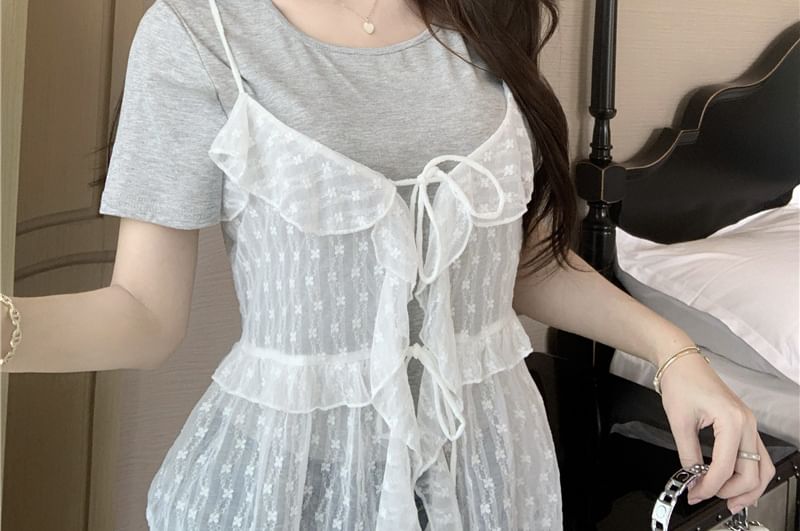 Tee Neck Crew Sheer Top Plain + Set: Ruffle Short-Sleeve Floral Cami