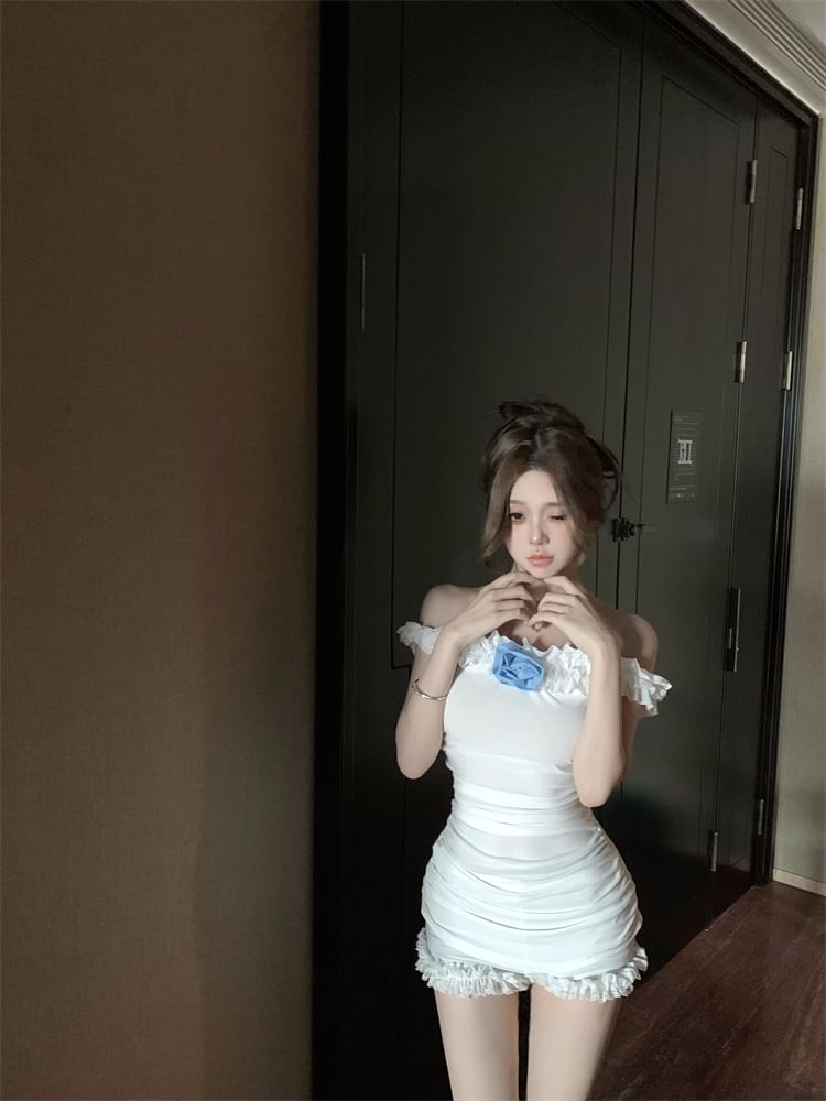 T-Shirt Plain Off-Shoulder Ruffle / Flower High Detail Pants Trim Lace Waist Hot