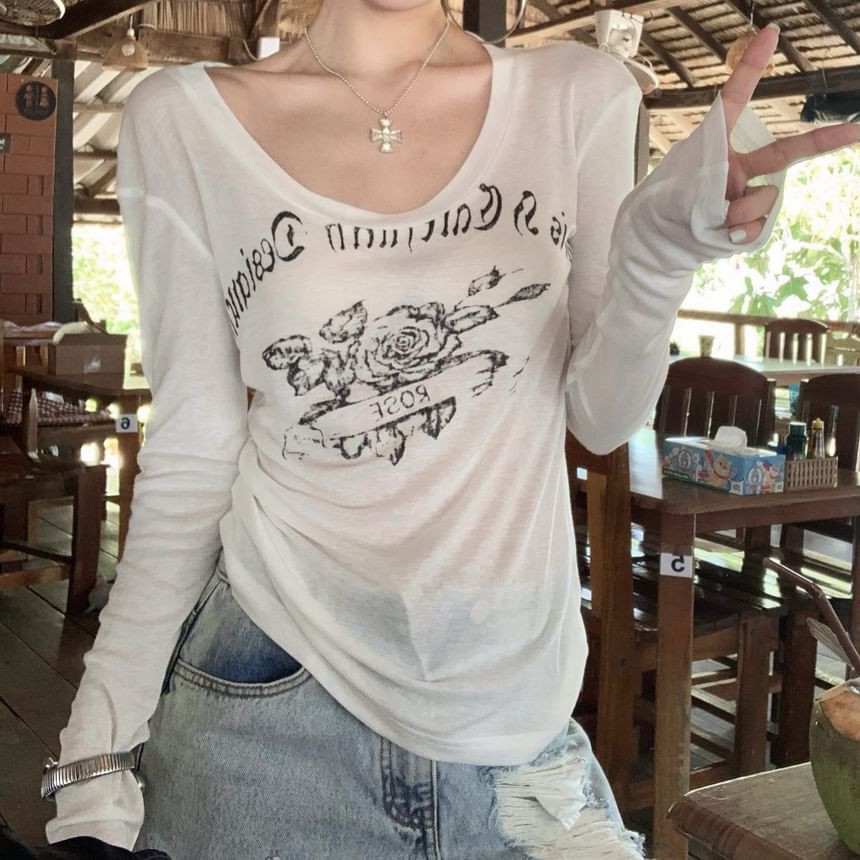 T-Shirt One-Shoulder Lettering Long-Sleeve