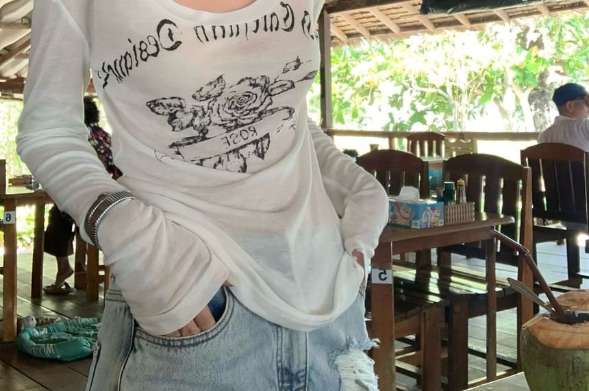 T-Shirt One-Shoulder Lettering Long-Sleeve