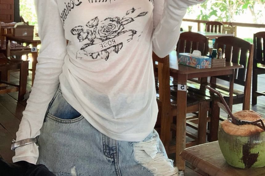 T-Shirt One-Shoulder Lettering Long-Sleeve