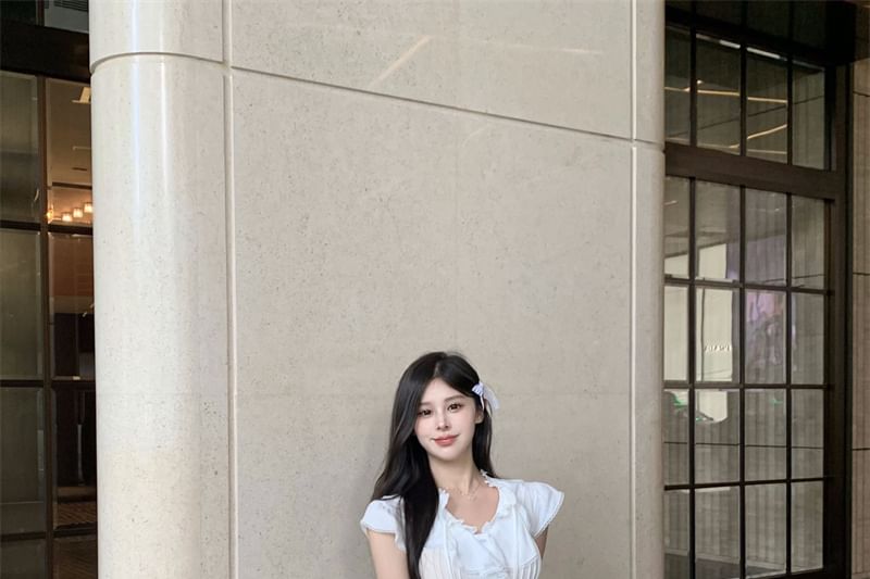 Trim Lace Cap-Sleeve T-Shirt Plain Ruffle