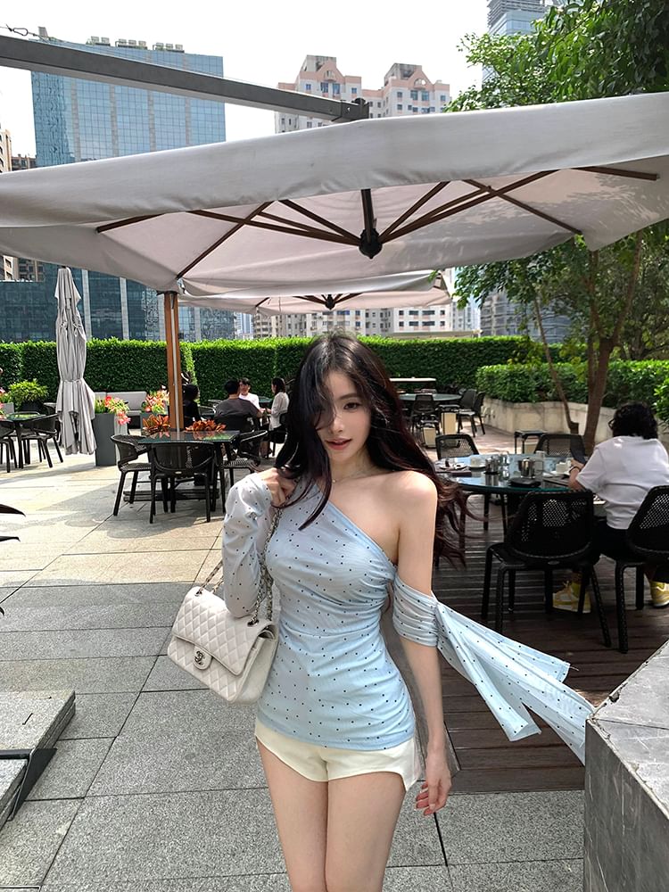 One-Shoulder T-Shirt Dotted Long-Sleeve