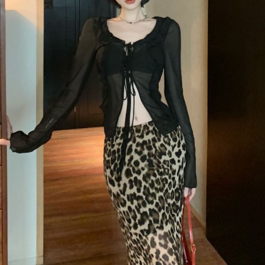 High Print Sheer Waist Leopard / Skirt Plain Front-Slit Top Mermaid Long-Sleeve Maxi