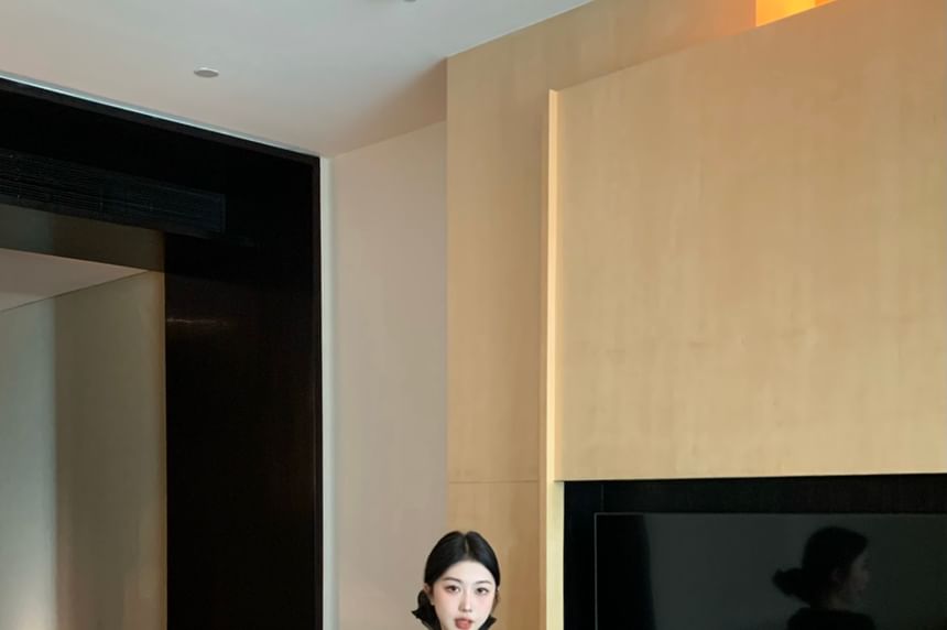 High Print Sheer Waist Leopard / Skirt Plain Front-Slit Top Mermaid Long-Sleeve Maxi