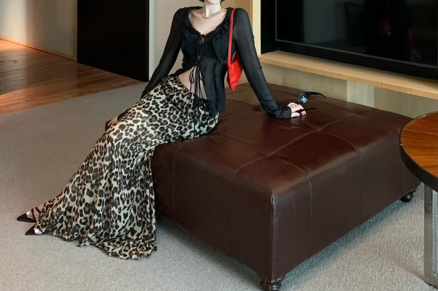 High Print Sheer Waist Leopard / Skirt Plain Front-Slit Top Mermaid Long-Sleeve Maxi
