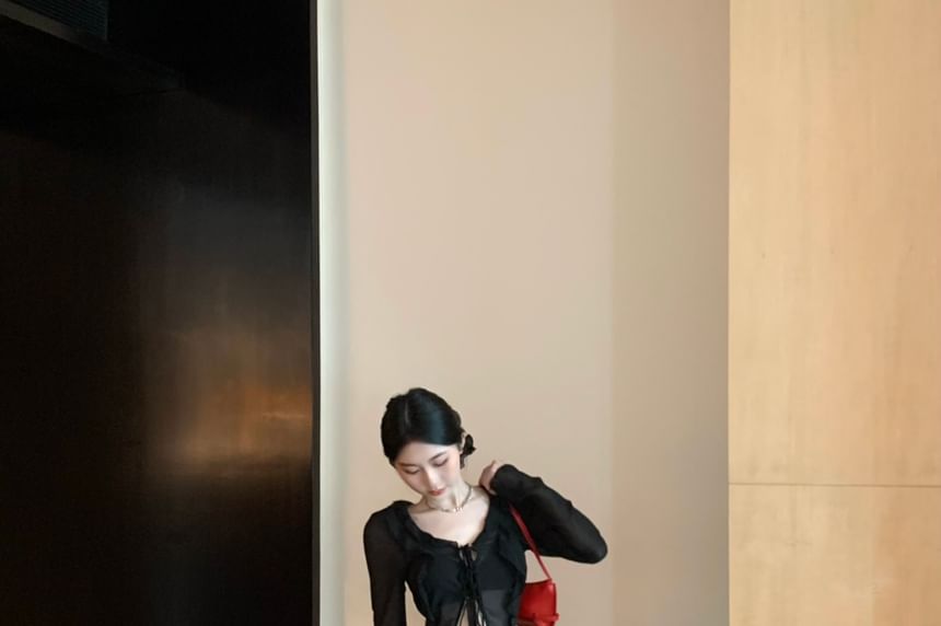 High Print Sheer Waist Leopard / Skirt Plain Front-Slit Top Mermaid Long-Sleeve Maxi