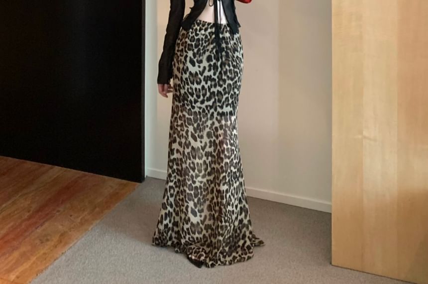 High Print Sheer Waist Leopard / Skirt Plain Front-Slit Top Mermaid Long-Sleeve Maxi