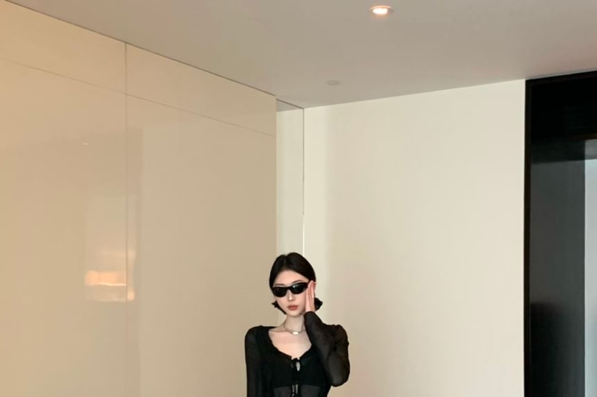 High Print Sheer Waist Leopard / Skirt Plain Front-Slit Top Mermaid Long-Sleeve Maxi