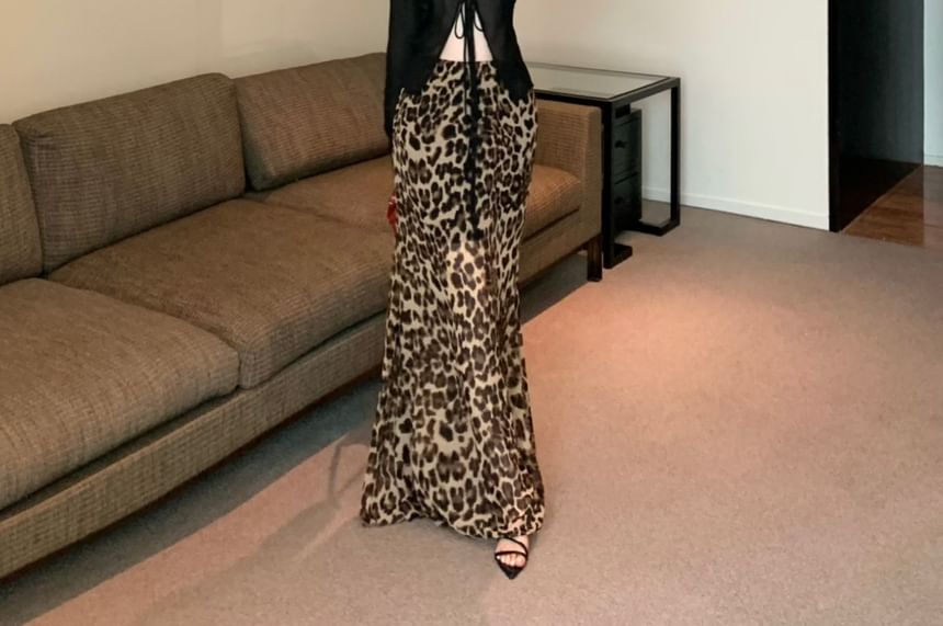 High Print Sheer Waist Leopard / Skirt Plain Front-Slit Top Mermaid Long-Sleeve Maxi