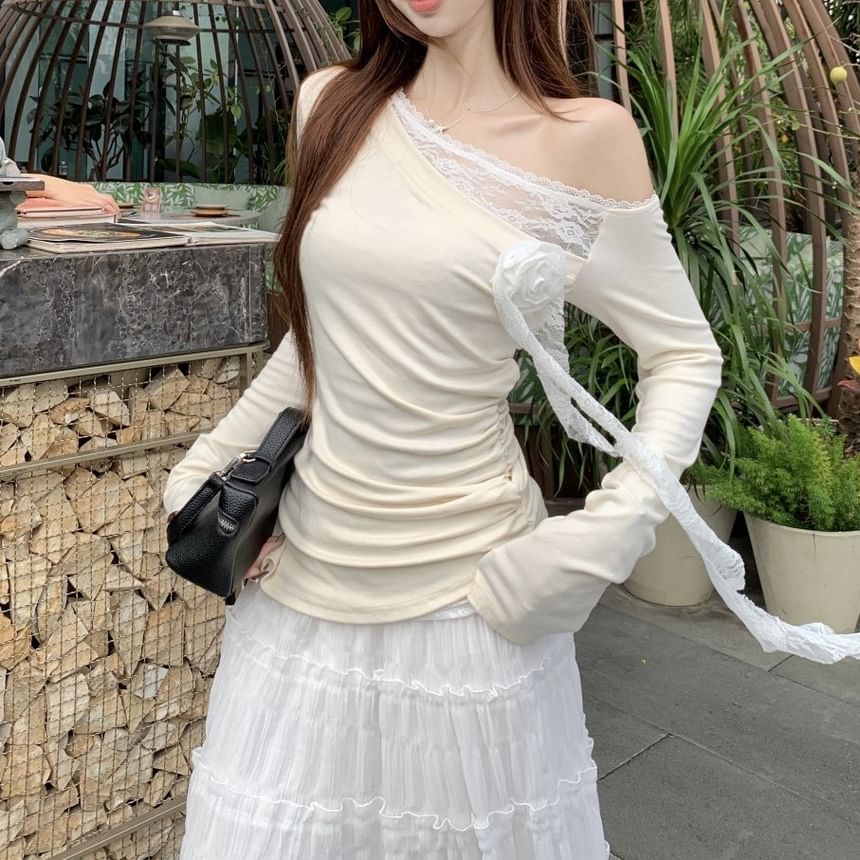 One-Shoulder Ruched High A-Line Trim Asymmetrical Plain Long-Sleeve Tee Skirt Lace Maxi / Rise