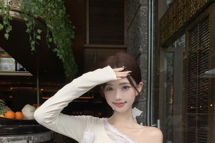 One-Shoulder Ruched High A-Line Trim Asymmetrical Plain Long-Sleeve Tee Skirt Lace Maxi / Rise