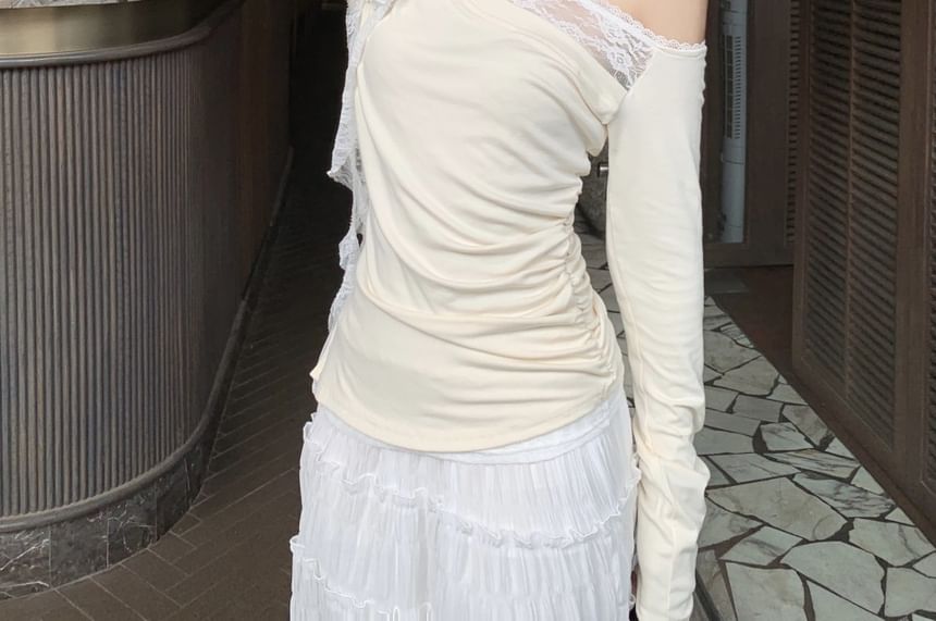 One-Shoulder Ruched High A-Line Trim Asymmetrical Plain Long-Sleeve Tee Skirt Lace Maxi / Rise