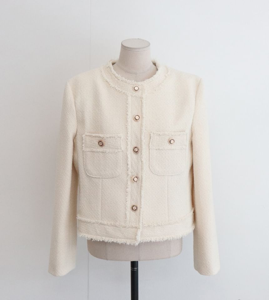 Crew Neck Frayed Button-Up Plain Tweed Jacket