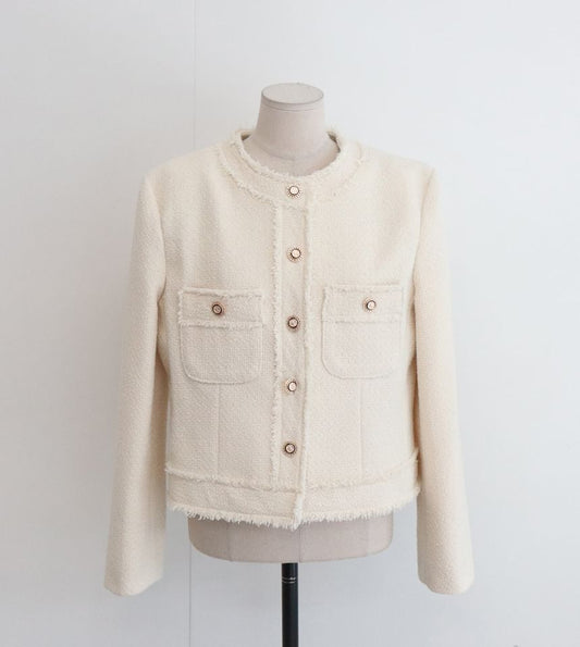 Crew Neck Frayed Button-Up Plain Tweed Jacket
