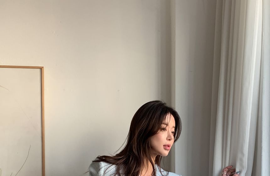 Crew Neck Frayed Button-Up Plain Tweed Jacket