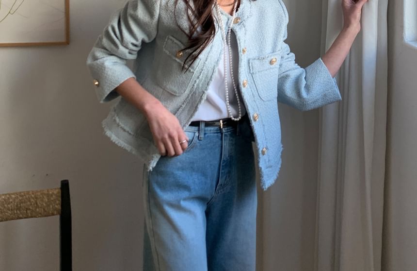 Crew Neck Frayed Button-Up Plain Tweed Jacket