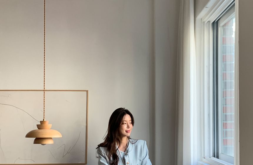 Crew Neck Frayed Button-Up Plain Tweed Jacket