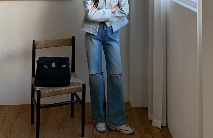 Crew Neck Frayed Button-Up Plain Tweed Jacket