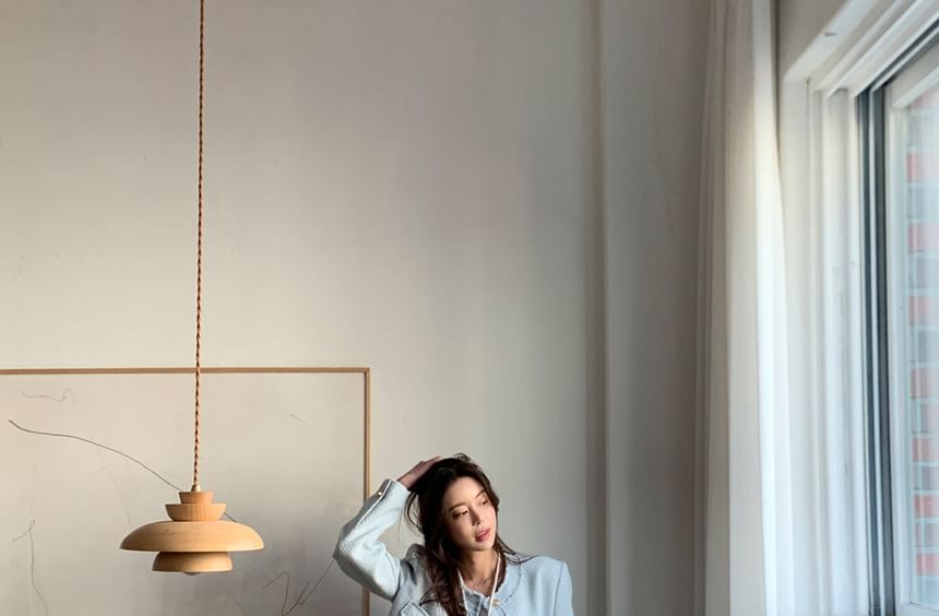 Crew Neck Frayed Button-Up Plain Tweed Jacket