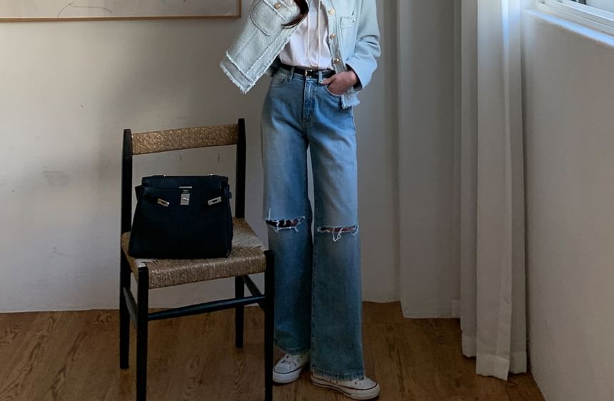 Crew Neck Frayed Button-Up Plain Tweed Jacket