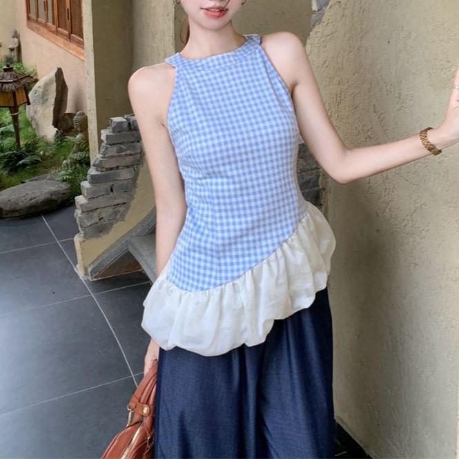 Panel Jeans Plaid Washed Top High / Wide Cami Asymmetrical Leg Waist