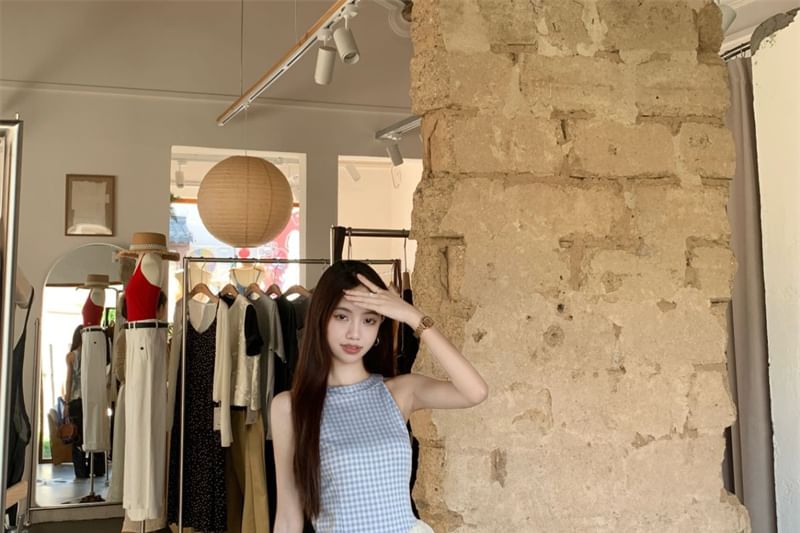 Panel Jeans Plaid Washed Top High / Wide Cami Asymmetrical Leg Waist