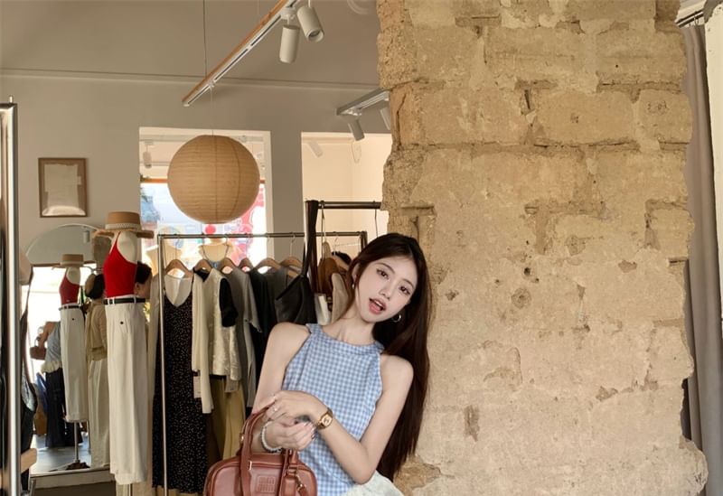 Panel Jeans Plaid Washed Top High / Wide Cami Asymmetrical Leg Waist